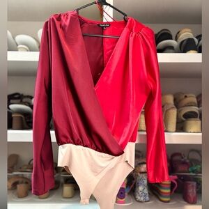 Satin Wrap Bodysuit in Red and Cream